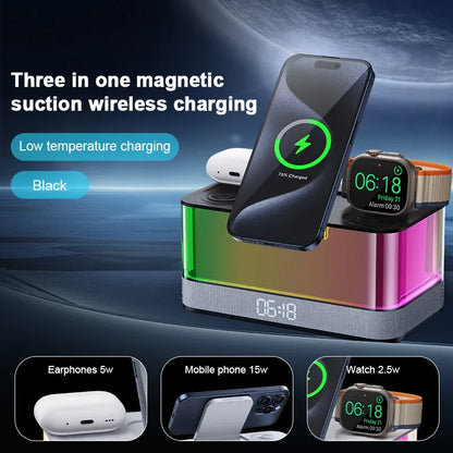 6-in-1 Wireless Charging Station – Magnetic Fast Charger, Bluetooth Speaker, Clock & Night Light