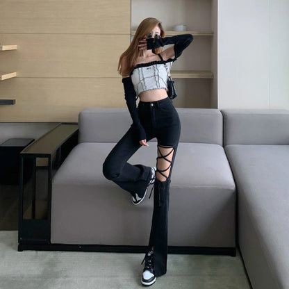 Flared Pants for Women Leggings Skinny Ripped Sexy Vintage Denim Women's Summer Trousers Bell Bottom Jeans Woman Black Trend Hot