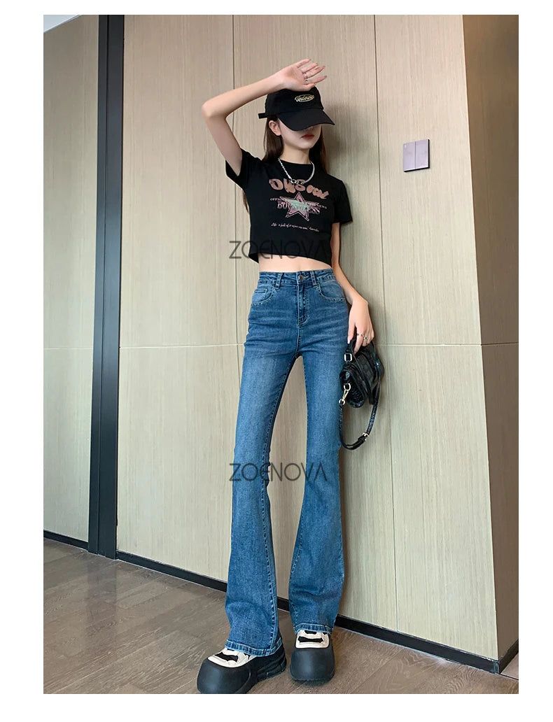 ZOENOVA Harajuku Street Casual Simple Solid Color Women's Jeans 2024 New Fashion Lady High Waist Slim VersatileMicro Flare Pants