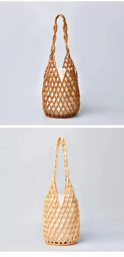 High Fashion Hollow-out Wooden Bead Woven Tote Bag / Female Shoulder Bag Reticulate Netted Canvas Handbag