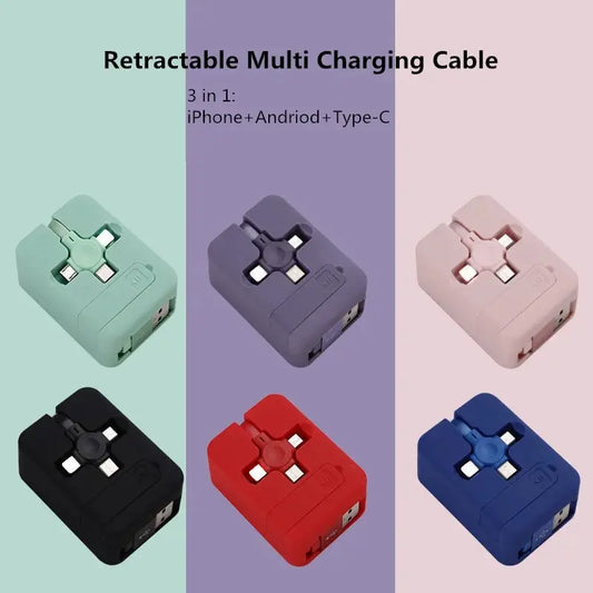 3 i 1 utdragbar multiladdkabel USB-kompatibel iPhone Android typ C telefonhållare Mini Bärbar snabbladdare Bil