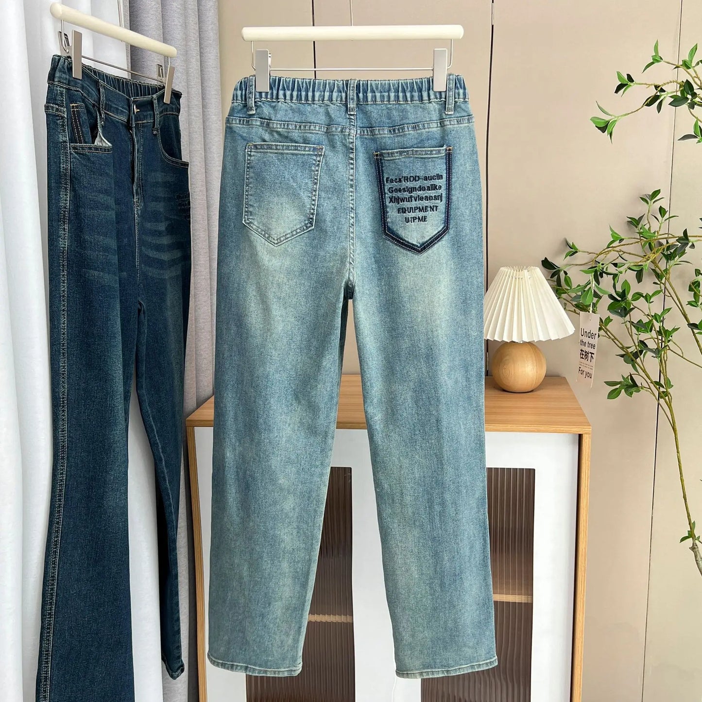 High Waist Straight Leg Jeans with Embroidery Loose and Retro Style