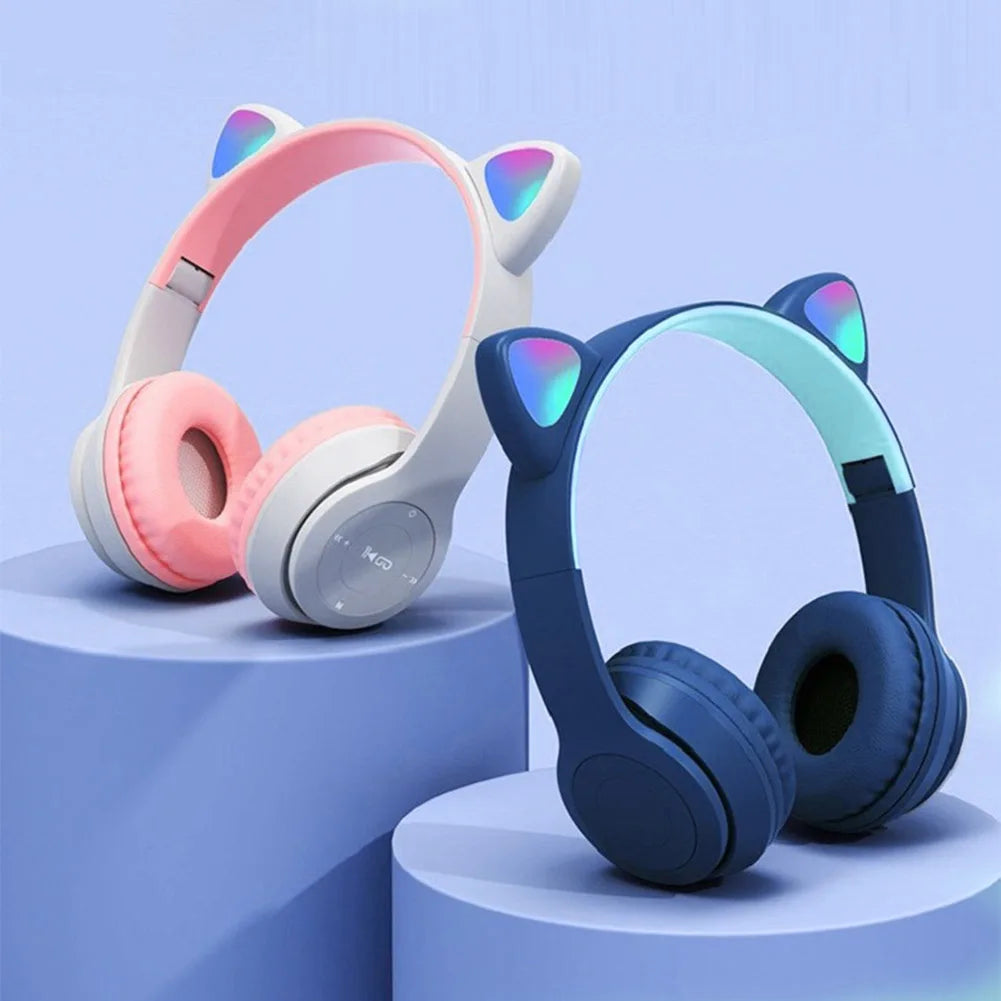 Cute Cat Ear Headphones with RGB LED Light Wireless Headset Kids Girls Stereo Phone Music Bluetooth Headset PC Gamer Gift