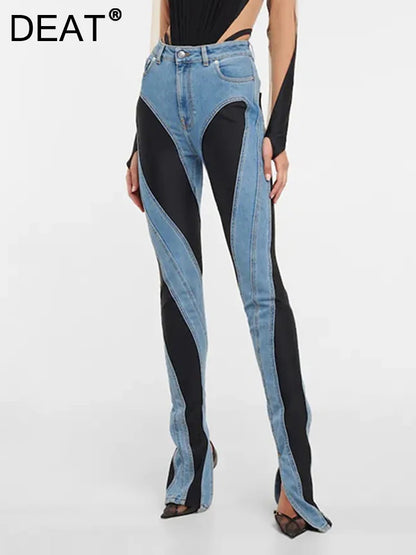 DEAT Mode damjeans Slim Deconstruct Panel Patchwork Hög midja Split Blå Långa jeansbyxor våren 2025 Nyhet 1DF2575