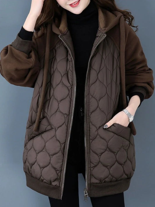 Hooded Spliced Down Cotton Puffer Jacket Loose and Quilted