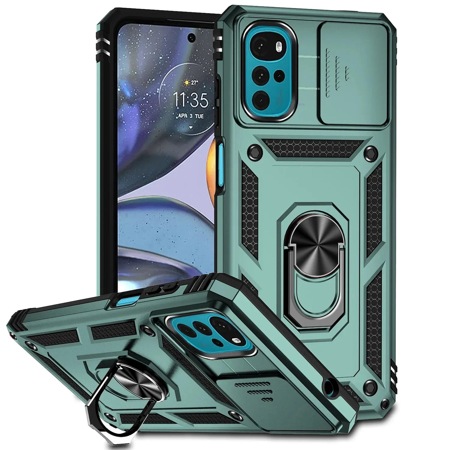 Armor Shockproof Case For Motorola: Ring Holder, Slide Window, Lens Protection Phone Cover