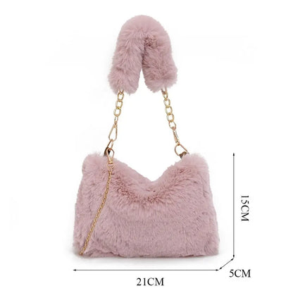 Fashion Women Fluffy Shoulder Bag – Winter Chain Underarm Bag with Soft Plush Handle