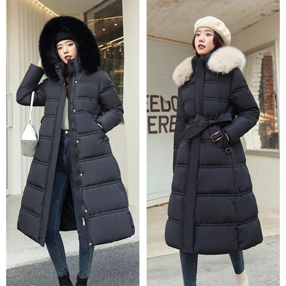 Extra Long Padded Parka with Faux Fur Collar Loose Fit