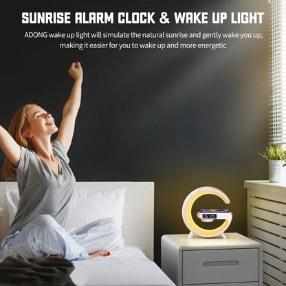 LED Smart Wake-Up Light med RGB nattlampa – trådlös högtalare, 15 W uppladdningsbar skrivbordslampa för sovrum, säng och spelrum