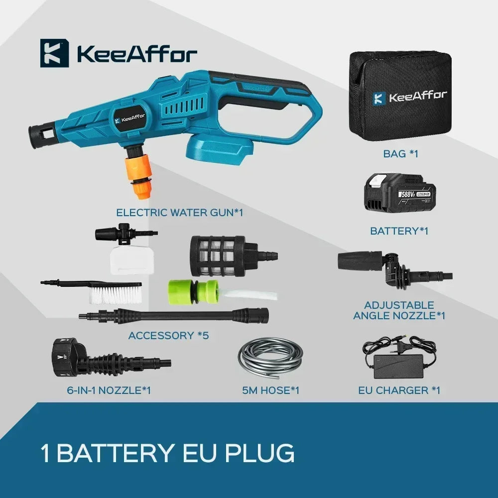 KEEAFFOR 250Bar 3500W borstlös högtrycksvattenpistol 6-i 1 sladdlös uppladdningsbar biltvättpistol för Makita 18V batteri