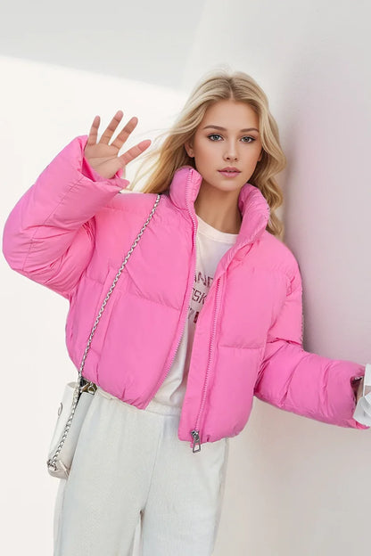 Women's Cropped Puffer Jacket with Stand Collar