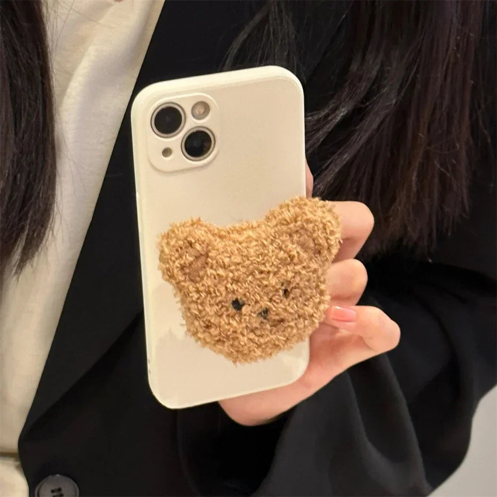 Korean Cute Warm Fluffy Bear Plush Griptok Bracket for IPhone 16 Plus Universal Phone Holder Finger Ring Support Stand Grip Tok