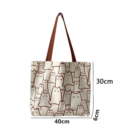 Canvas Handbag for Women – Fashion Cute Cat Tote Messenger Bags with Zipper, Designer Bag, Ladies Cartoon Shoulder Shopper Bags.