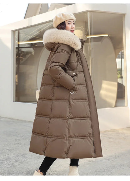 Extra Long Padded Parka with Faux Fur Collar Loose Fit