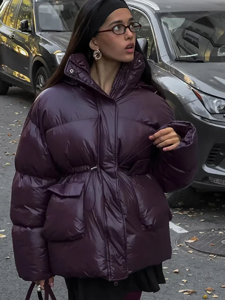 Burgundy Down Jacket with Stand Collar and Pockets Elegant and Warm