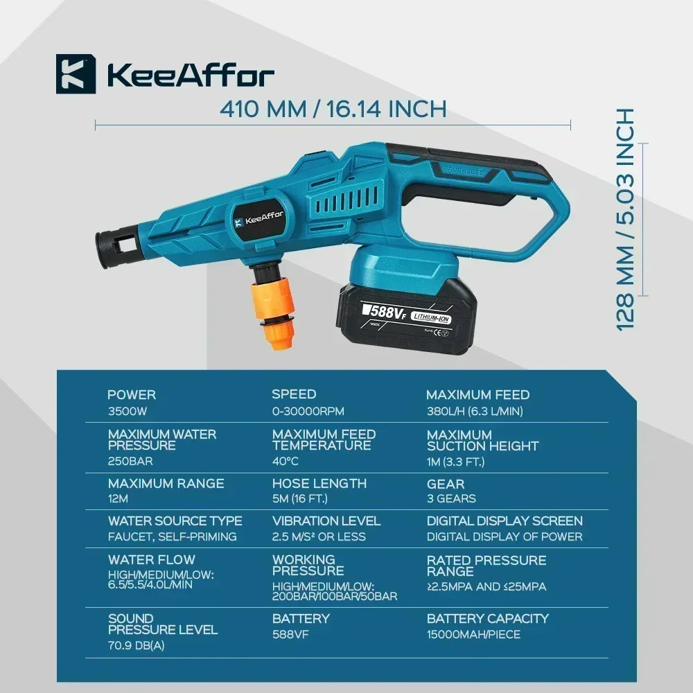 KEEAFFOR 250Bar 3500W borstlös högtrycksvattenpistol 6-i 1 sladdlös uppladdningsbar biltvättpistol för Makita 18V batteri