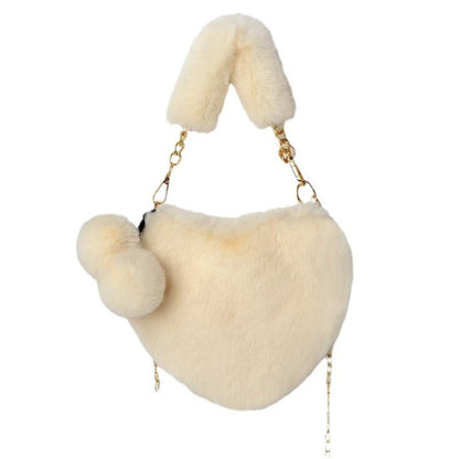 Faux Fur Heart-shaped Women Small Handbags – Fluffy Plush Ladies Chain Shoulder Bag, Fashion Female Furry Daily Clutch Purse.