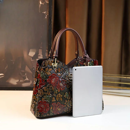 Vintage Flower Pattern Handbag, Luxury PU Leather Tote Bag, Fashion Crossbody Bag For Women