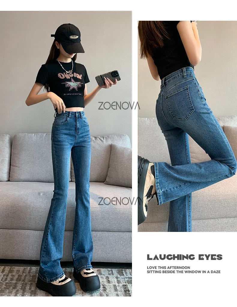 ZOENOVA Harajuku Street Casual Simple Solid Color Women's Jeans 2024 New Fashion Lady High Waist Slim VersatileMicro Flare Pants