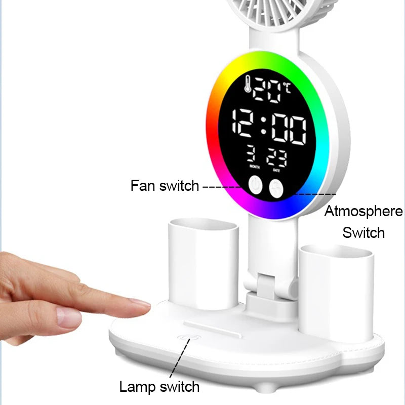 Rechargeable LED Table Lamp with Fan – Desk Reading Light, Night Light, and Clock Display