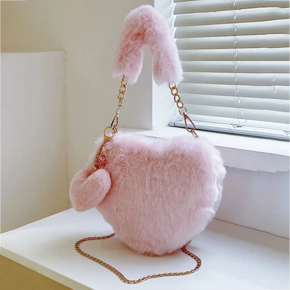 Faux Fur Heart-shaped Women Small Handbags – Fluffy Plush Ladies Chain Shoulder Bag, Fashion Female Furry Daily Clutch Purse.