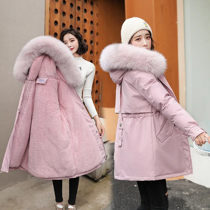 Hooded Parka with Fur Collar and Thick Liner Casual and Fashionable