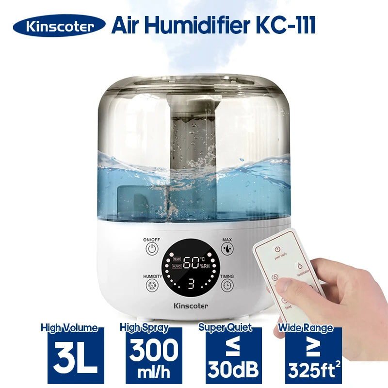 KINSCOTER 3L Air Humidifier – Large Capacity Plant Mist Aroma Diffuser with Remote Control and Timer for Home Use