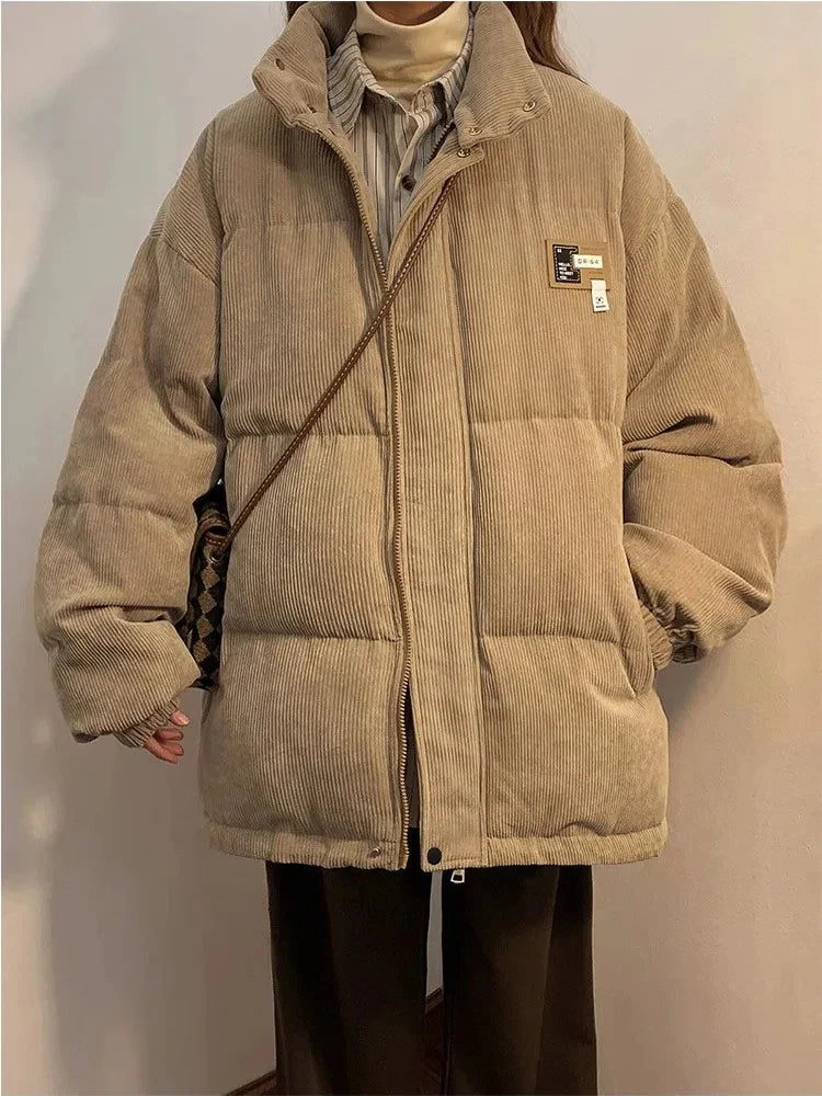 Oversized Corduroy Puffer Coat with Pockets Warm and Retro Y2K Style