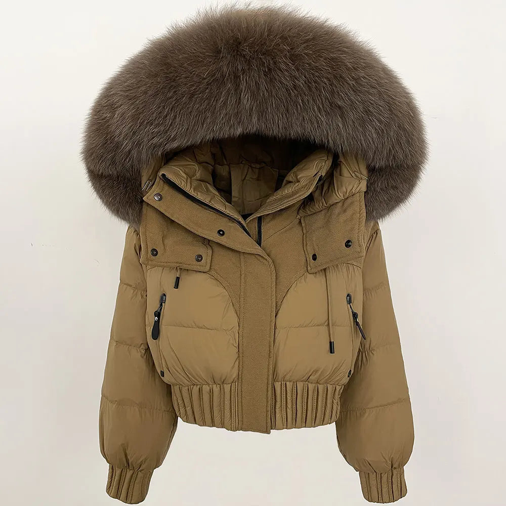 Short Hooded Down Coat with Real Raccoon Fox Fur Collar Warm and Casual