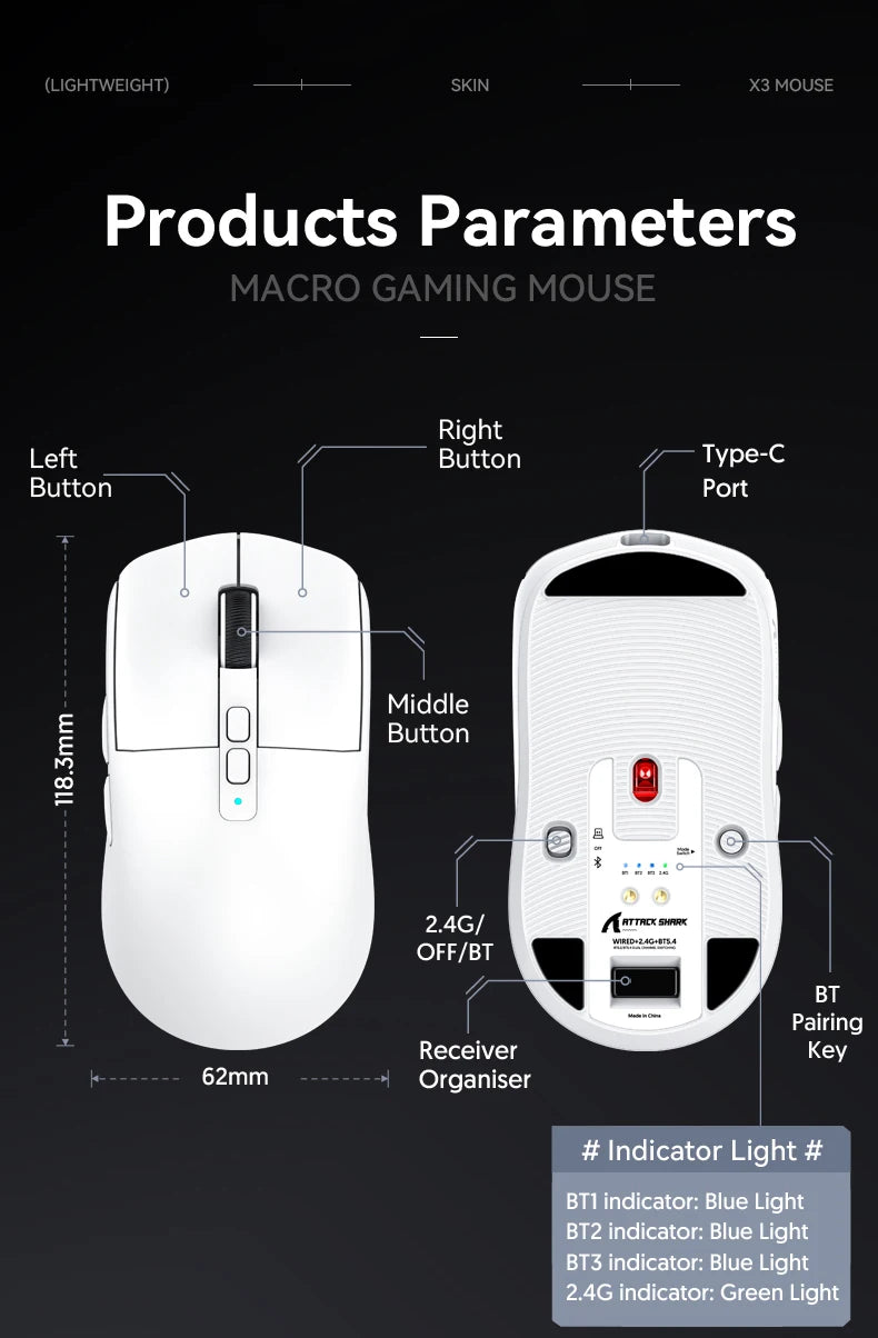 Shark X6 PAW3395 Bluetooth-mus, Tri-Mode Connection, RGB Touch Magnetic Charging Base