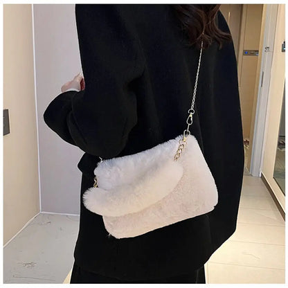 Fashion Women Fluffy Shoulder Bag – Winter Chain Underarm Bag with Soft Plush Handle