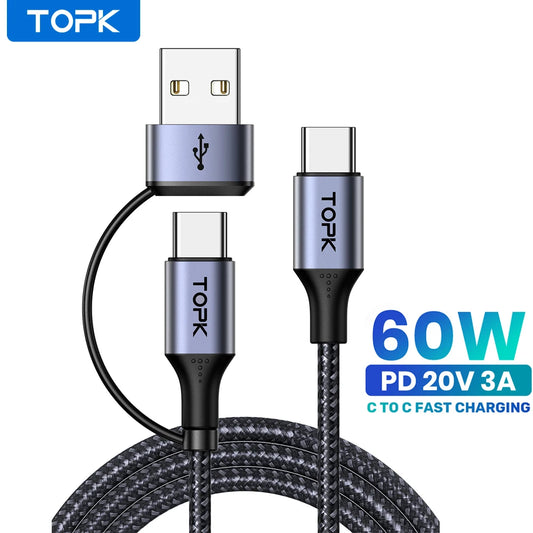 TOPK 60W PD snabbladdarkabel USB C till USB typ C-kabel för MacBook Pro USB C PD-kabel Snabbladdning för Samsung Xiaomii