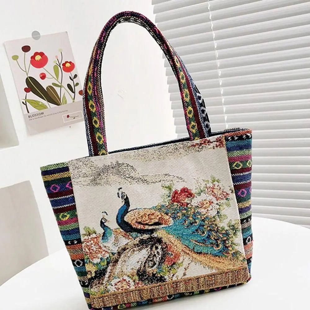 Fashion Women's Canvas Handbag - Animal Ethnic Style Embroidered Tote Bag with Elephant, Peacock, and Rabbit Designs