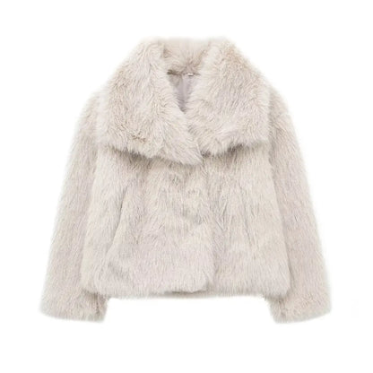 Cropped Faux Fur Jacket with Lapel Collar and Snap Buttons Chic and Warm