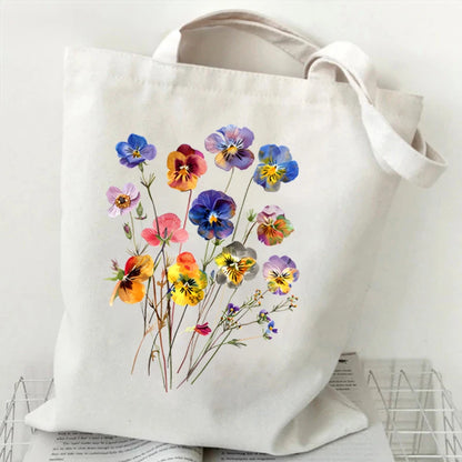 Boho Wildflowers Pattern Canvas Tote Bag – Retro Graphics Återanvändbar shoppingväska för kvinnor, snygg handväska i tyg för dagligt bruk