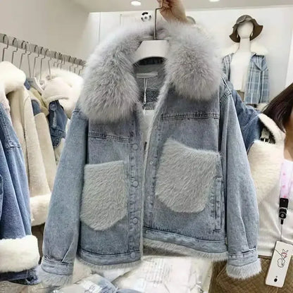 Women's Korean Style Fleece Lined Denim Jacket with Cotton Filling