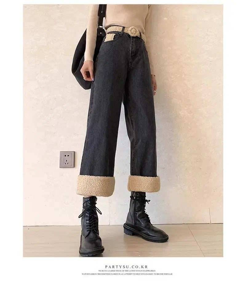 Lamb Wool Wide Leg Jeans for Women Fluffy Autumn and Winter New Styles Internet Famous Outfit Cropped Straight Leg Pants Trendy