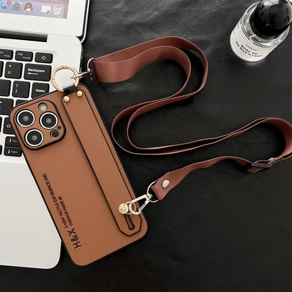 Luxury Litchi Leather Phone Case with Wrist Strap, Stand, and Crossbody Cord for iPhone