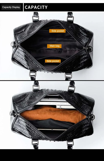 Leather Travel Bag: Genuine Cow, Alligator, Large Capacity