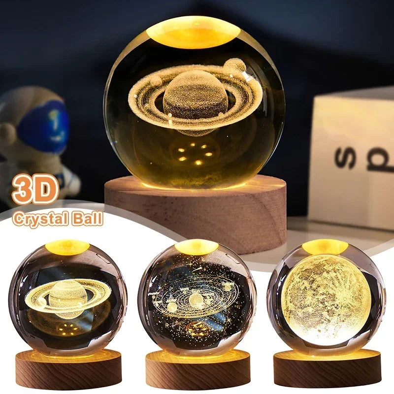 Luminous 3D Crystal Ball LED Night Light – Saturn Solar System & Moon Design, USB Bedroom Lamp, Atmosphere Light for Kids' Birthday Gift