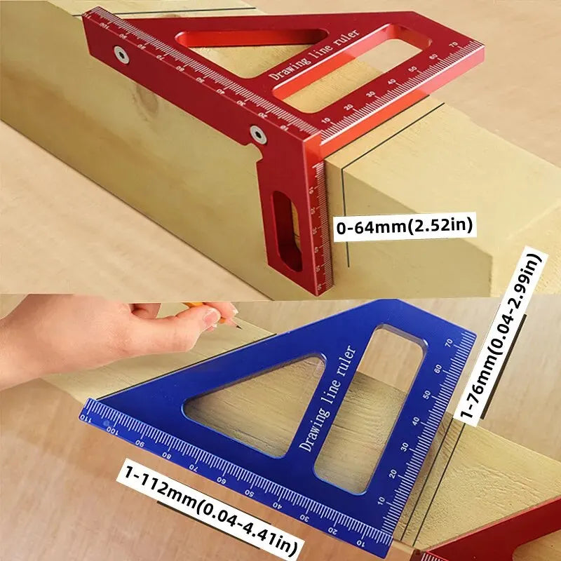 Carpenter Square -Träbearbetning fyrkantig gradskiva Aluminium geringstriangellinjal 3D multivinkel 45/90 graders layout Mätlinjal