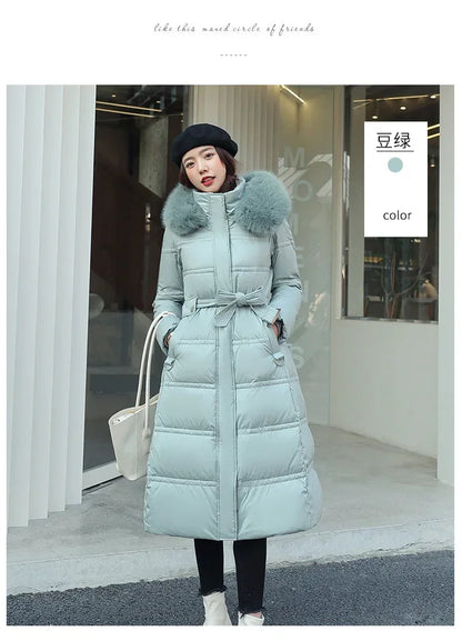 Extra Long Padded Parka with Faux Fur Collar Loose Fit