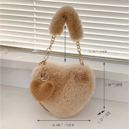 Faux Fur Heart-shaped Women Small Handbags – Fluffy Plush Ladies Chain Shoulder Bag, Fashion Female Furry Daily Clutch Purse.