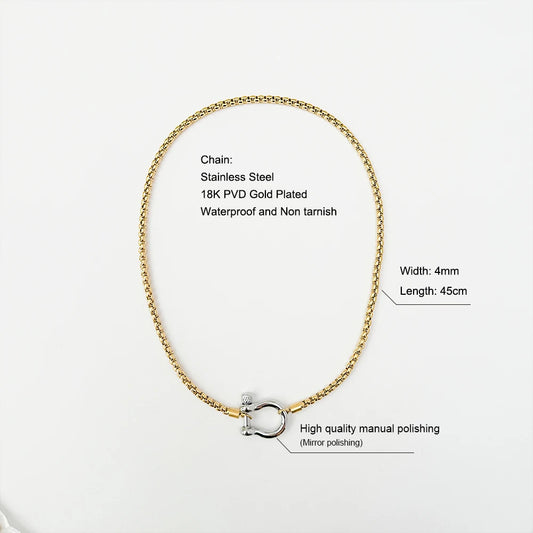 Waterproof Jewelry 18K Gold Plated Stainless Steel Box Chain Choker Necklace  Double Color Chunky Horseshoe Necklace for women