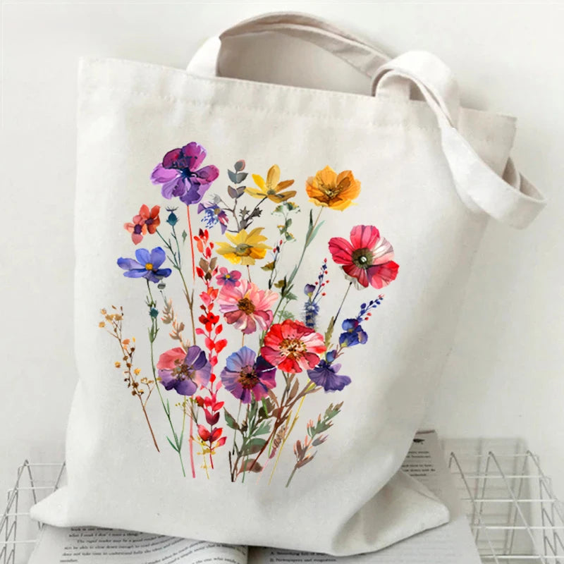 Boho Wildflowers Pattern Canvas Tote Bag – Retro Graphics Reusable Shopper Bag for Women, Stylish Cloth Handbag for Everyday Use