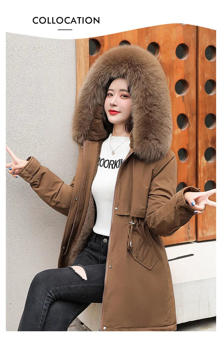 Hooded Parka with Fur Collar and Thick Liner Casual and Fashionable