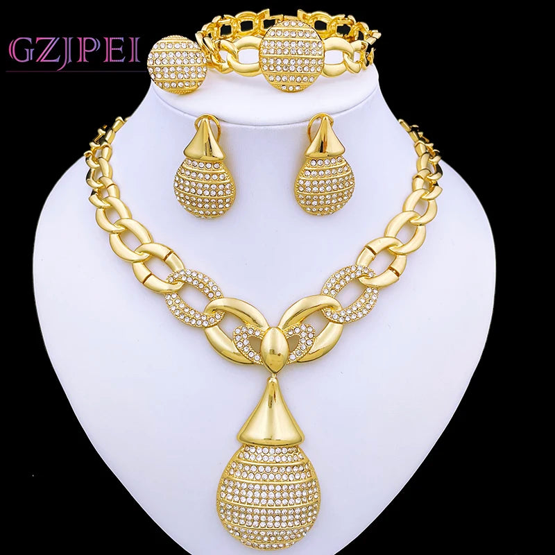 Dubai Gold Color Jewelry Sets Italy 18K Gold Plated Necklace Earrings Ring Bracelet Classic Design 4Pcs Set Party Jewelry