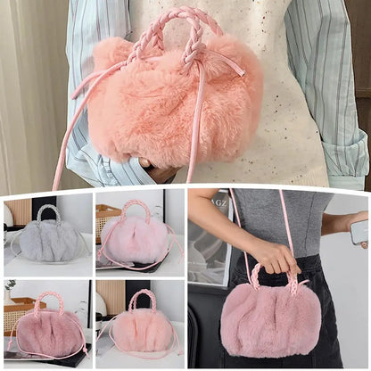 Cute Pumpkin Plush Shoulder Bag - Winter Rabbit Fur Crossbody Tote for Girls