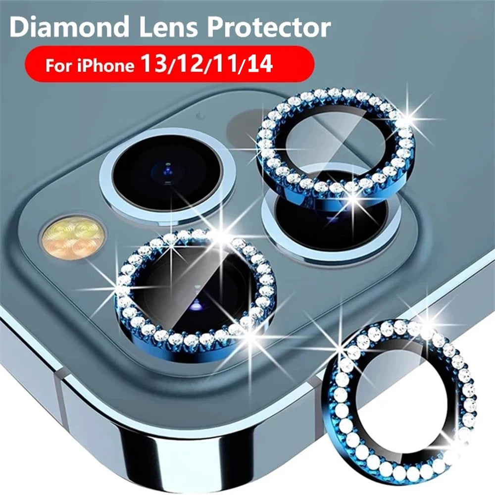 Diamond Glitter Camera Protection For Iphone 16 15 14 13 11 Pro Max Plus Lens Tempered Glass On Iphone 13 11 Pro Max Metal Ring