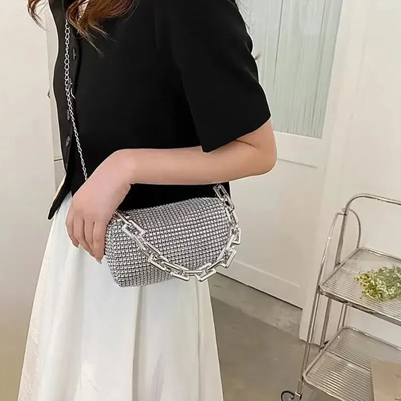 Rhinestone Bucket Bag: Women's Mini Crossbody Glitter Chain Prom Purse